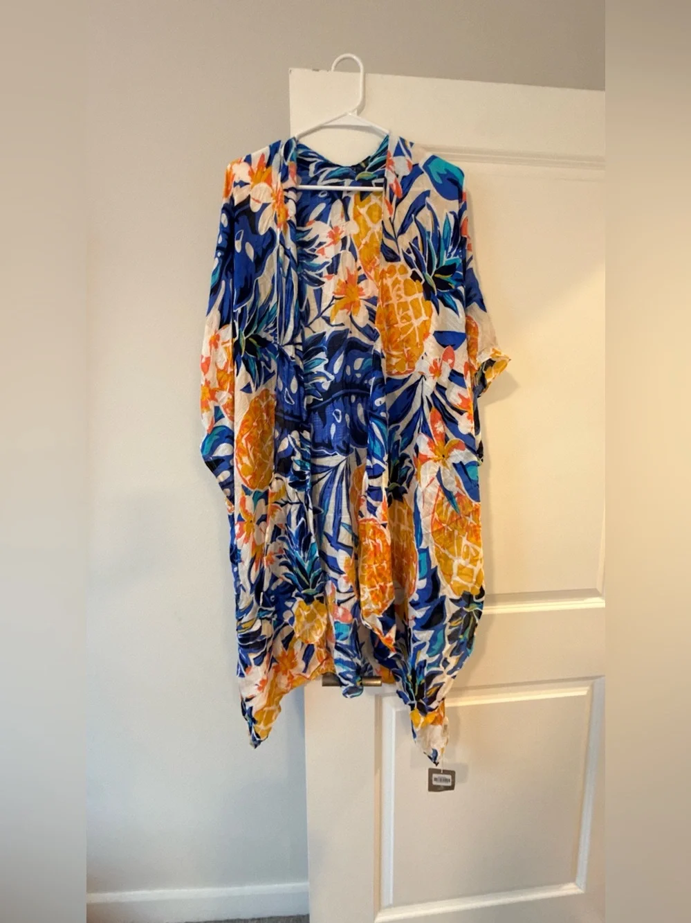 Tropical Pineapple Print Kimono Cover-Up - Blue & Yellow